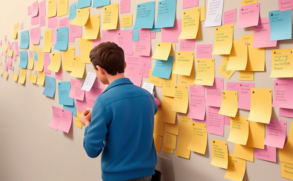 How to Write a Story Outline - A man consulting a wall full of post-it notes as he outlines his novel.