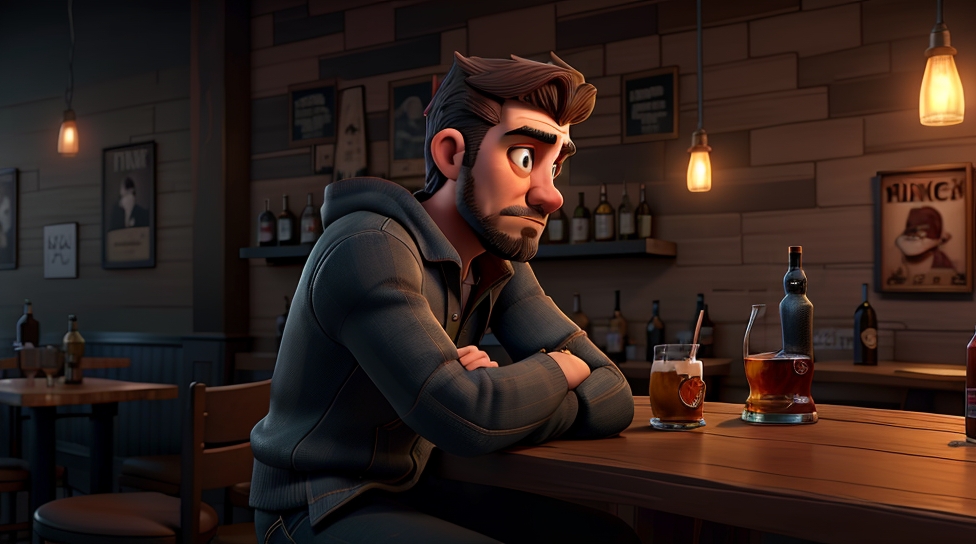 How to write character development : A man observing people at a bar, contemplating with a bottle of beer.