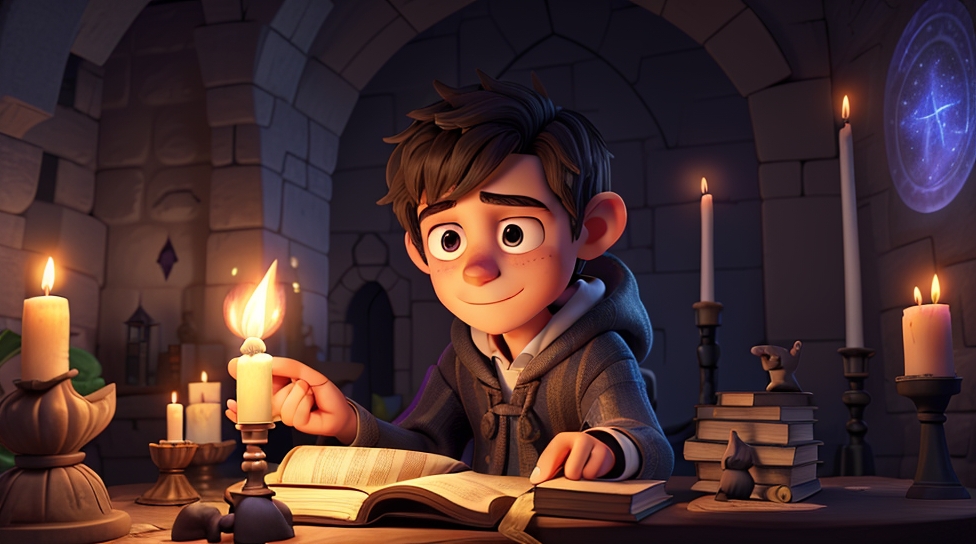 How to write character development :  A boy is sitting at a table practicing character development with candles in front of him.