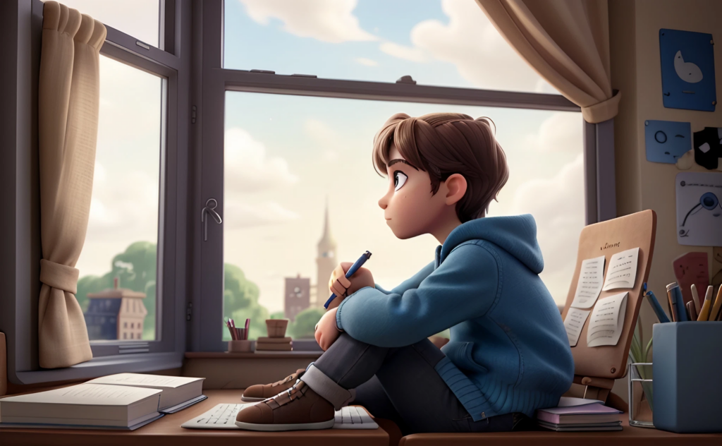 How to Write a Story Outline  -A boy sitting at his desk, pondering the plot of his story.