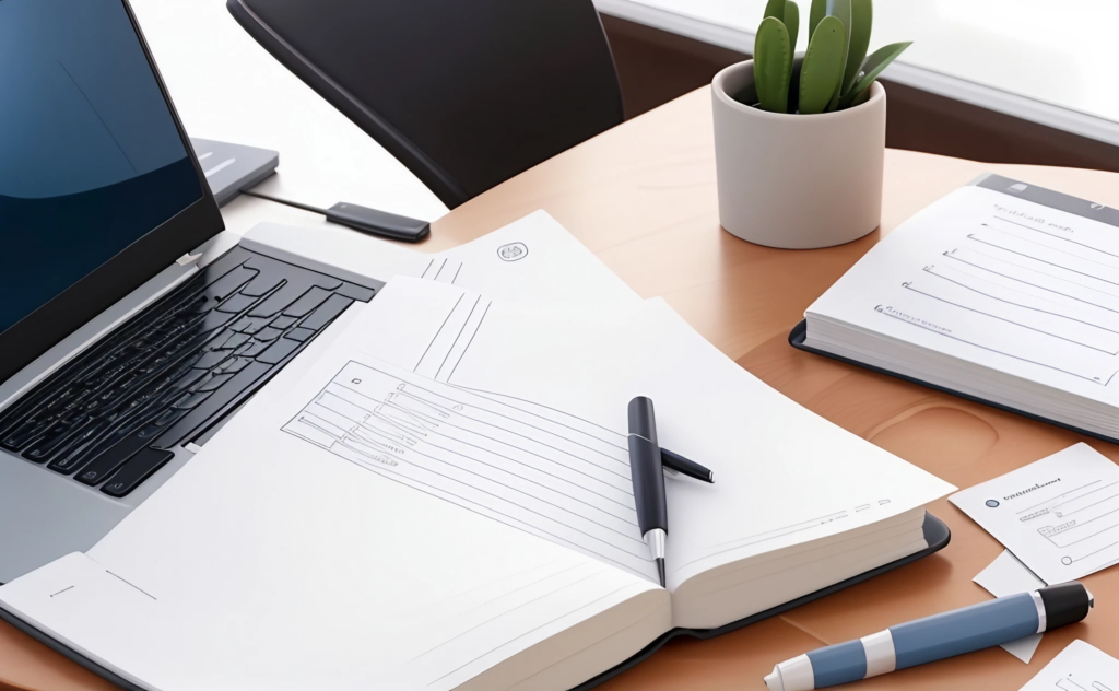 How to Write a Story Outline  - A desk with a laptop, pens, paper and a plant - the perfect setup for crafting your story outline.