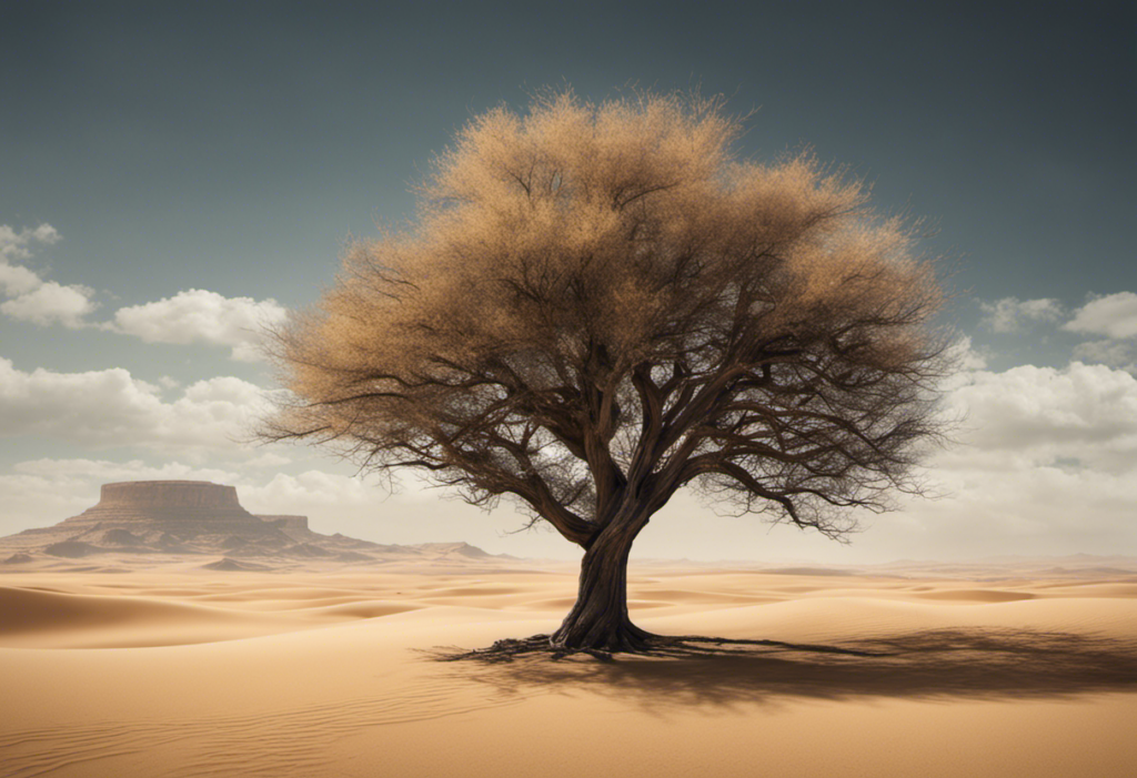 An image that portrays a solitary tree standing tall in a barren desert, its branches gracefully swaying in the wind, symbolizing the essence of resilience, as a metaphor for the concept of theme in storytelling