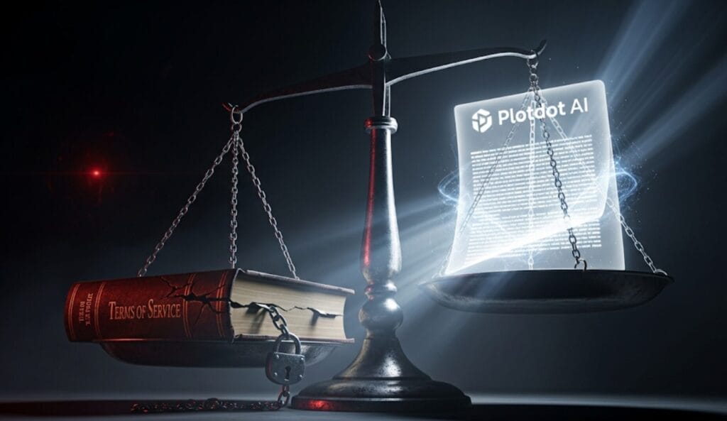 PLOT DOT AI review:  Unbalanced scale of justice showing an AI script versus a law book.