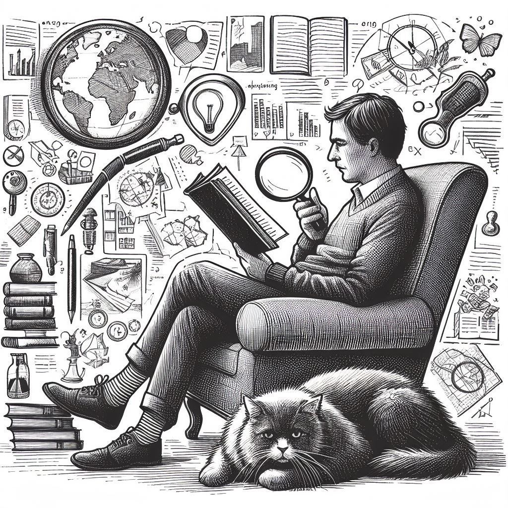 How to Identify Themes in Novels -- Read and Analyze the Novel -- A black and white drawing of a man reading a book, allowing viewers to identify themes within the artwork.