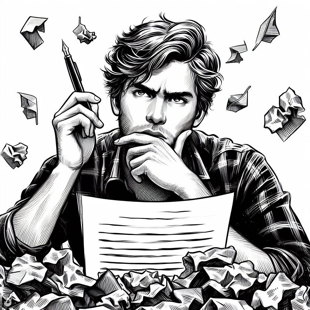 Revising Your Manuscript - Be Willing to Make Cuts -  A black and white drawing of a man sitting in front of a pile of papers.