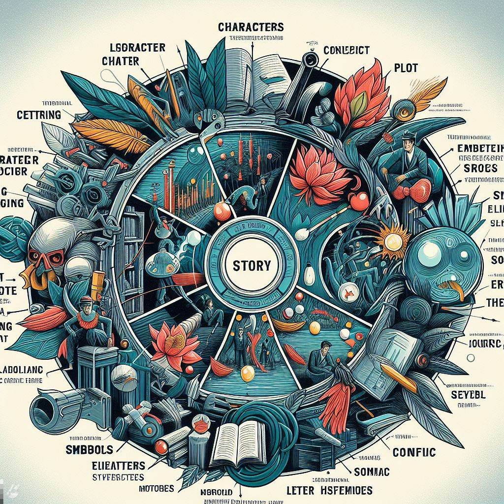 4 Key Elements Every Novel Structure Needs -  Interplay between the Elements - An illustration of a story wheel showcasing key elements in the novel structure.