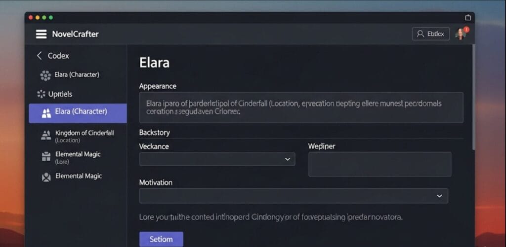 NovelCrafter review  : NovelCrafter's Codex interface showing a detailed character sheet.