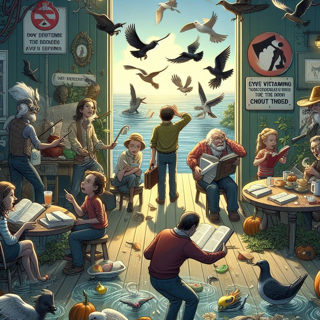 Common Mistakes to Avoid - A painting featuring a group of people sitting at a table with birds, showcasing important SEO keywords and key elements.