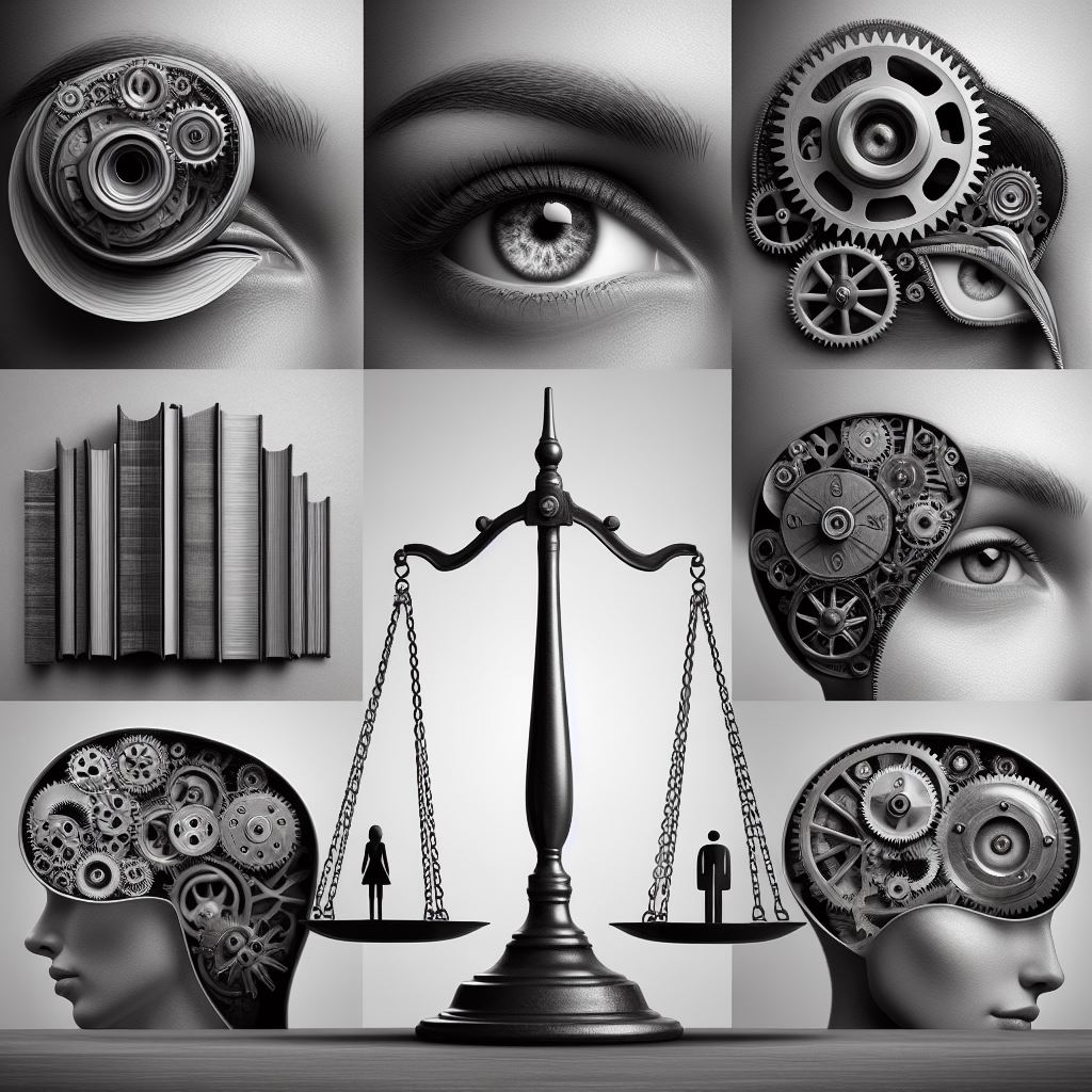 How to Identify Themes in Novels -- Analyze Symbols and Motifs -- A black and white image of a woman's head adorned with gears, representing the complex inner workings of the human mind, accompanied by a scale, symbolizing balance and judgment. This thought-provoking