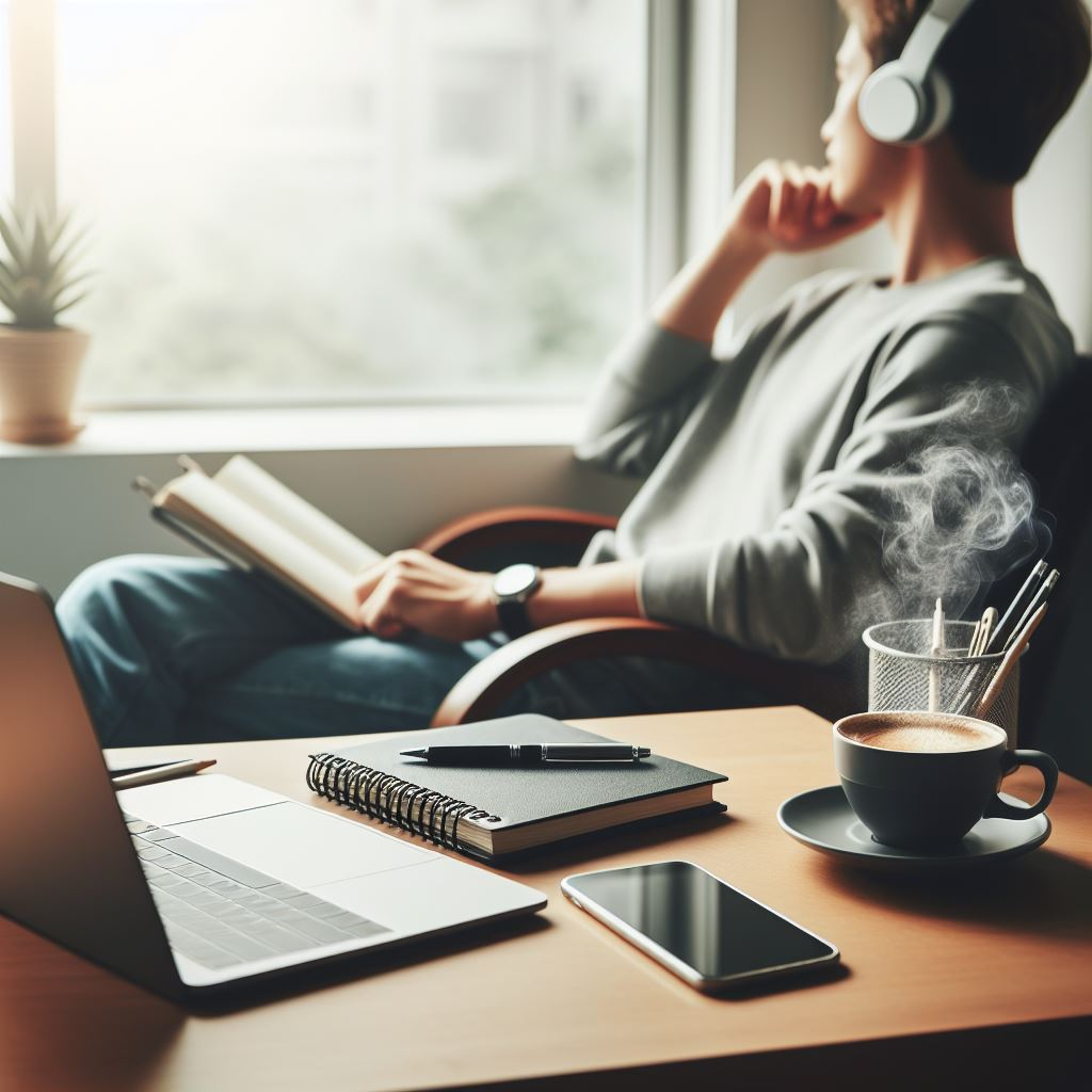 Revising Your Manuscript - Take a Break -- A man sitting at a desk with headphones and a cup of coffee.