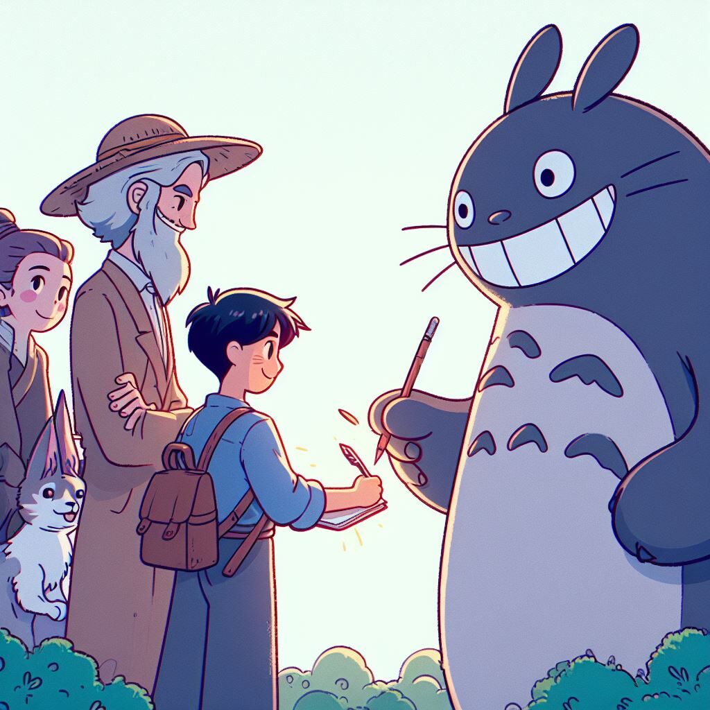 Dialogue in Fiction Writing --Writing Dialogue for Specific Situations -- A totoro cartoon with a group of people and a totoro.