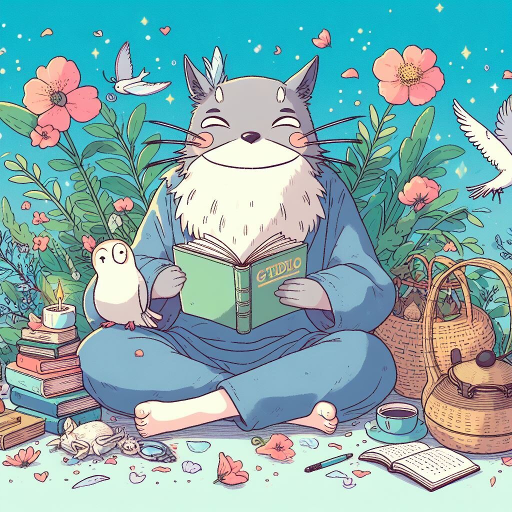 A cat reading a book with flowers and birds around it.