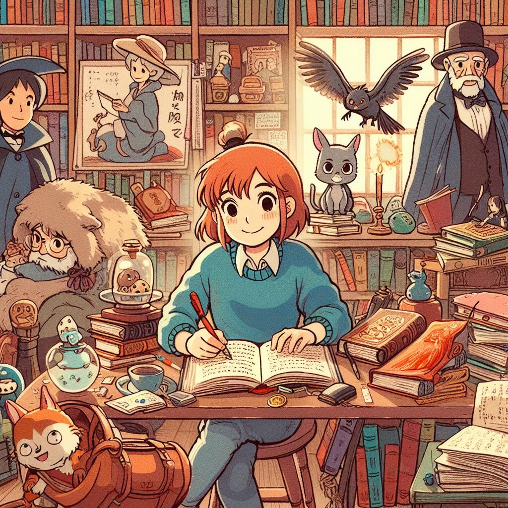 A girl sits at a desk in a room full of books.