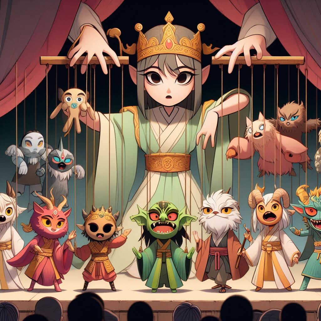 Character Archetypes: A comprehensive guide - Subverting Archetypes -- A group of puppets on a stage with a woman in the middle.