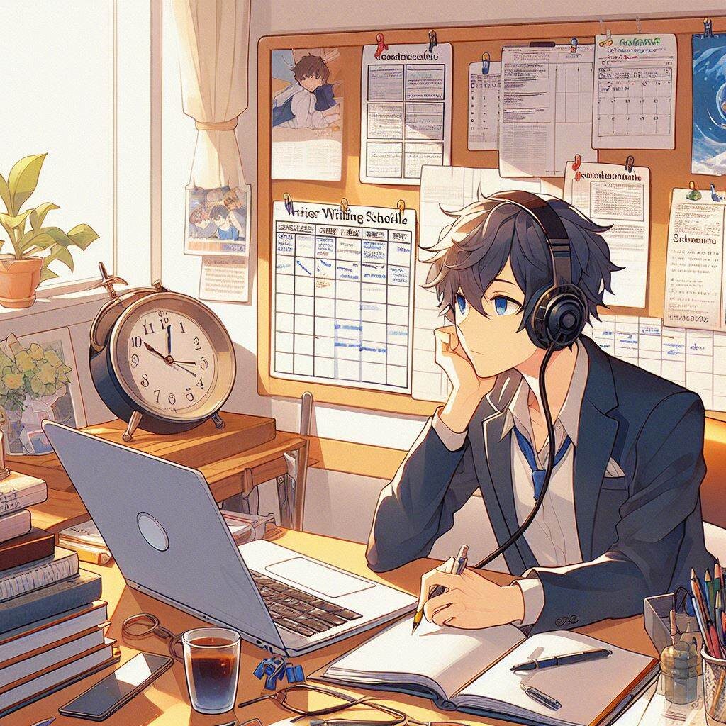 Tips for Staying Motivated as a Writer -- Writing Schedule -- An anime character sitting at a desk with headphones on.