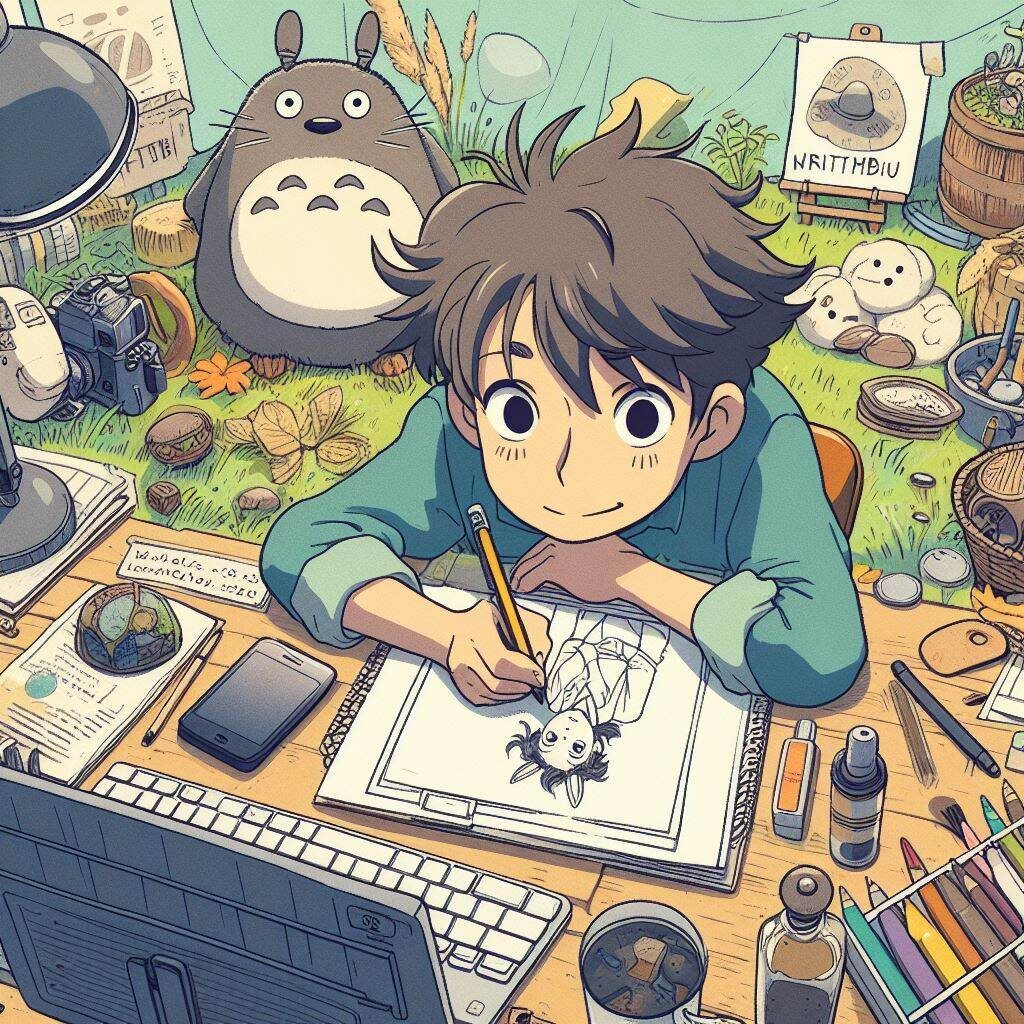 Tips for Staying Motivated as a Writer --Reward System -- A boy is drawing on a desk in front of a totoro.