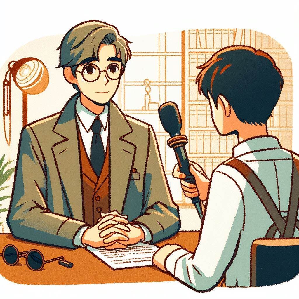 Tips for Staying Motivated as a Writer --Author Interviews -- A man in a suit and tie is talking to a reporter.