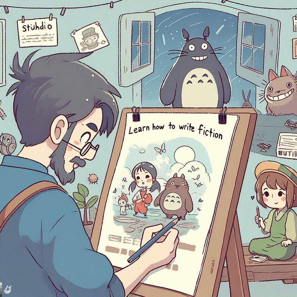 How to write Fiction -- A man is drawing a picture of Totoro, showcasing his artistic talents.