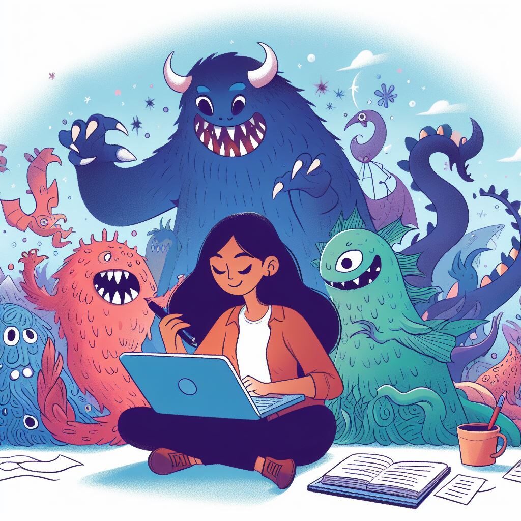 Essential World Building Tips for Writers -- A woman sitting on the floor with a laptop and a group of monsters.