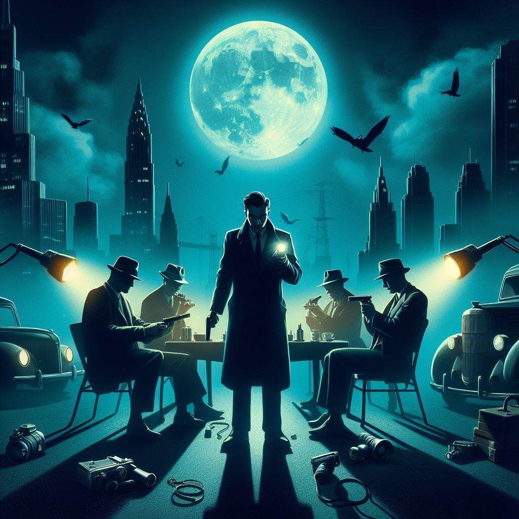 How to Write a Thriller Novel -- A group of men sitting at a table in front of a full moon, plotting a killer thriller novel.