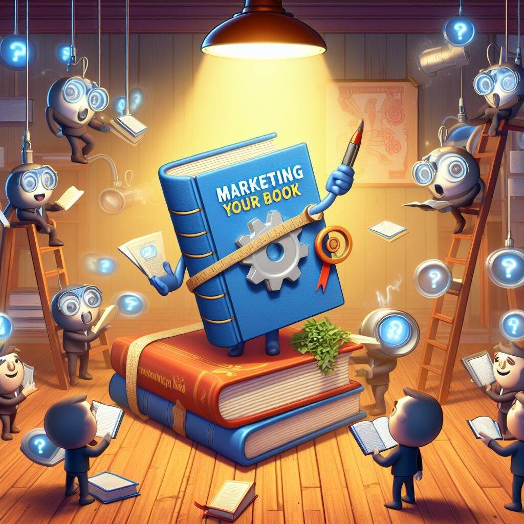 An anthropomorphic book under a spotlight teaches marketing to an audience of smaller books in a classroom setting.