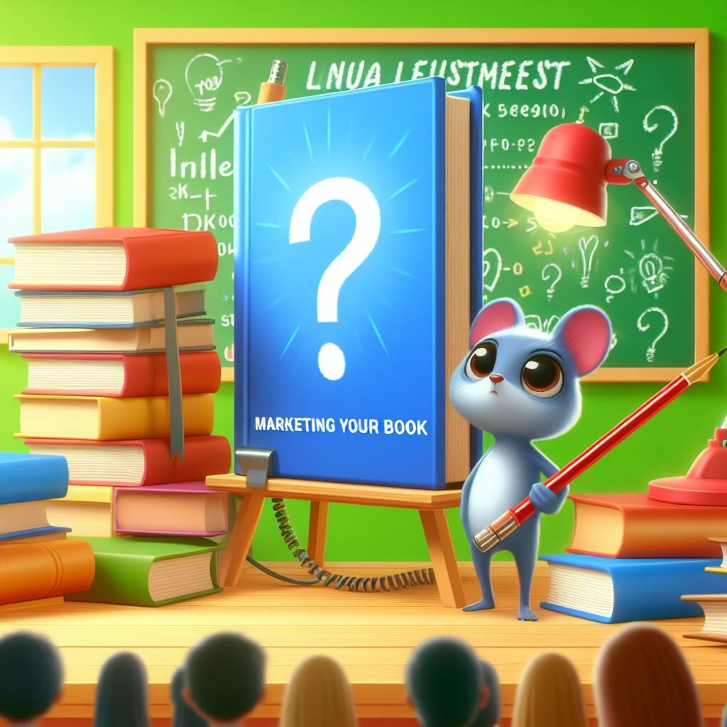 A cartoon mouse holding a pen next to a pile of books with a presentation board about book marketing.