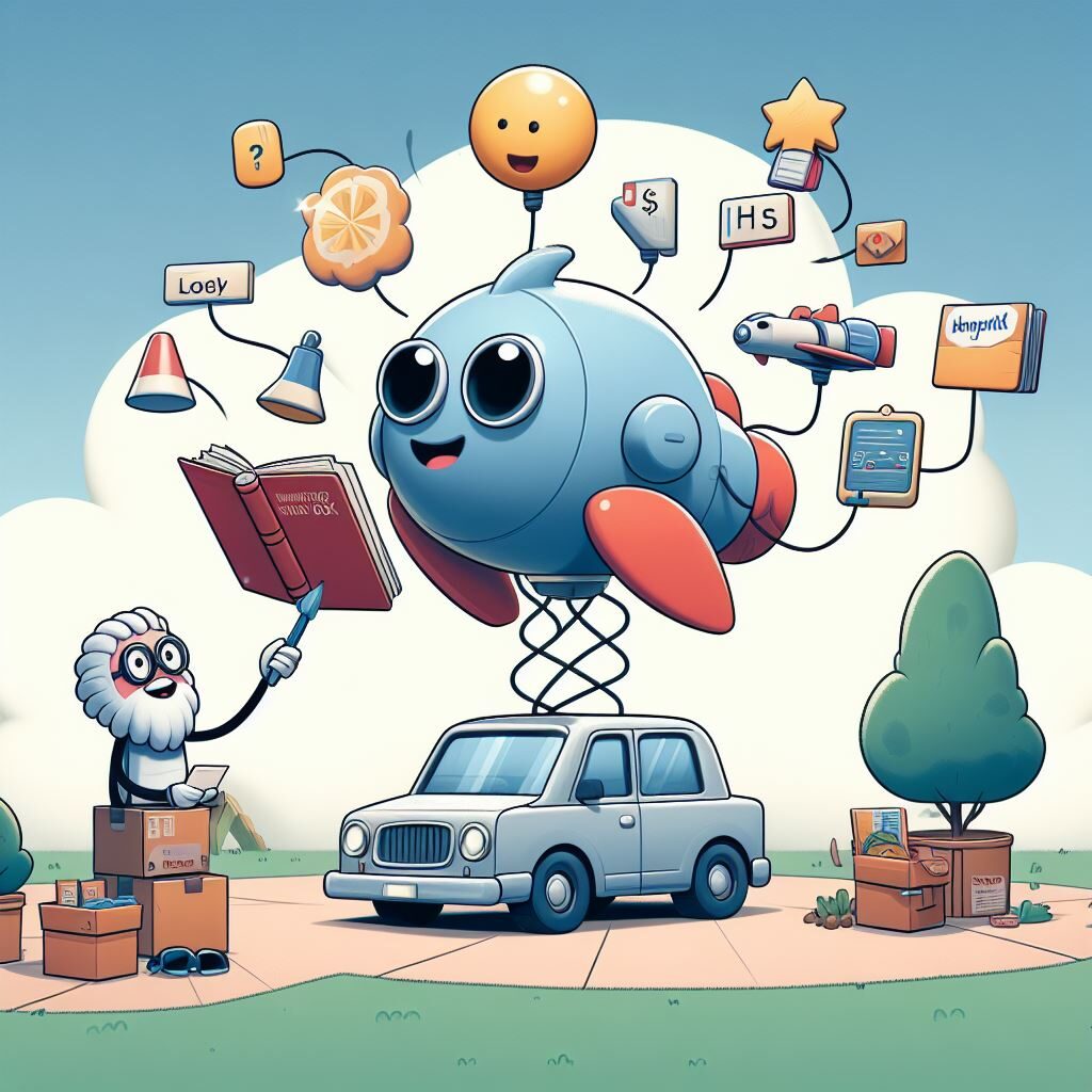 A whimsical illustration featuring a smiling spherical robot flying with a propeller, surrounded by various icons and objects representing technology and innovation, while a caricatured scientist with a book stands nearby and a classic car is shown beneath a tree.