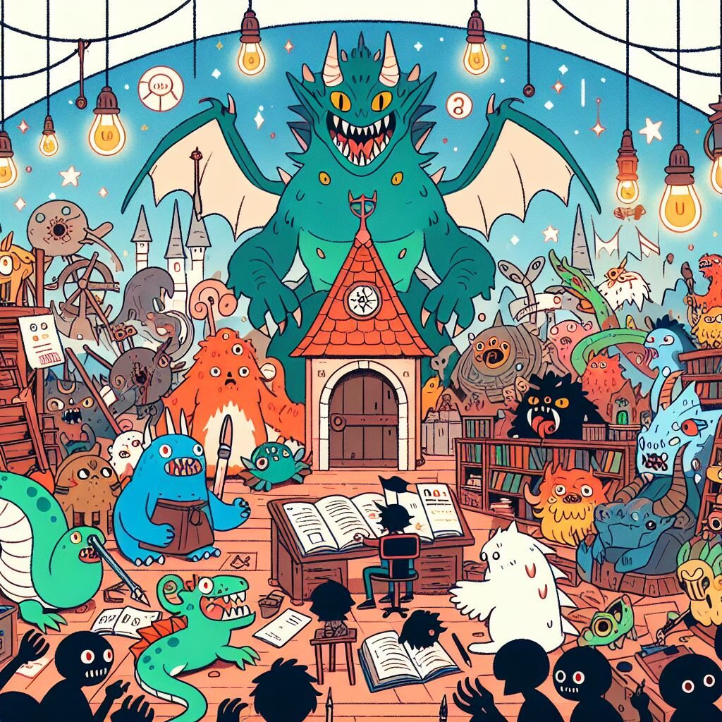 Essential World Building Tips for Writers A cartoon illustration of monsters in a library.