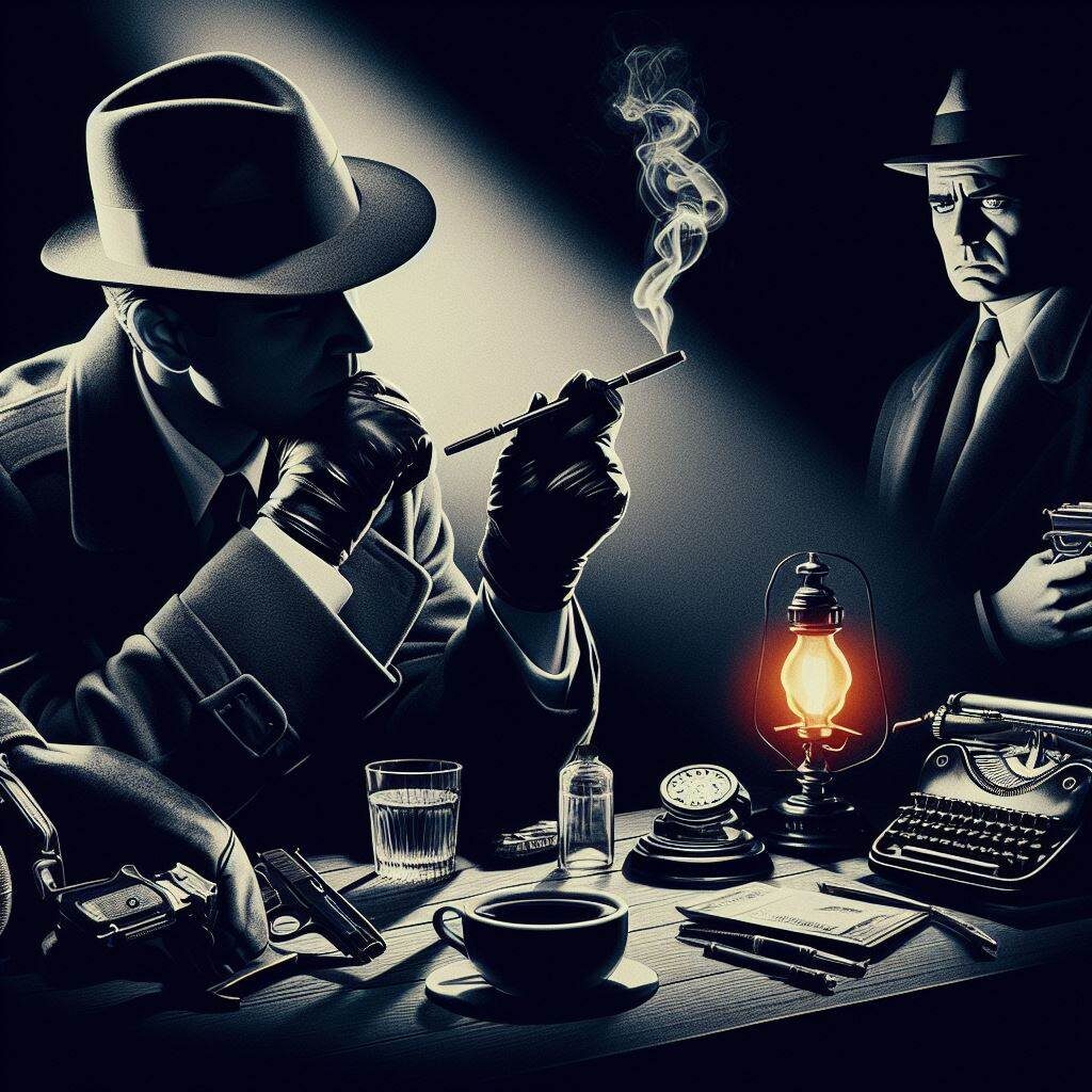 How to Write a Thriller Novel -- A man in a hat is smoking a cigarette at a desk, writing a thriller novel.