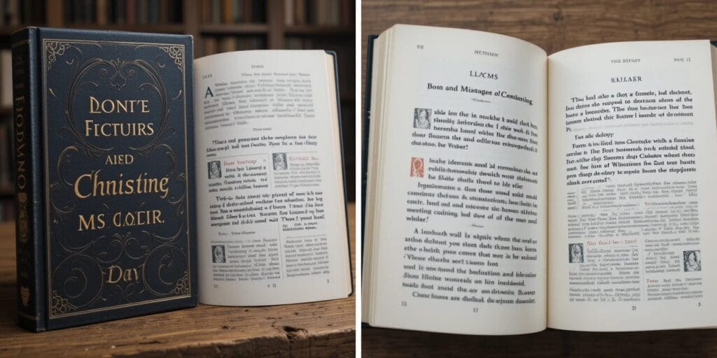 A book is shown with an ornate cover on the left and its open pages on the right. The text is in English with illustrations on each page. The book is placed on a wooden surface.