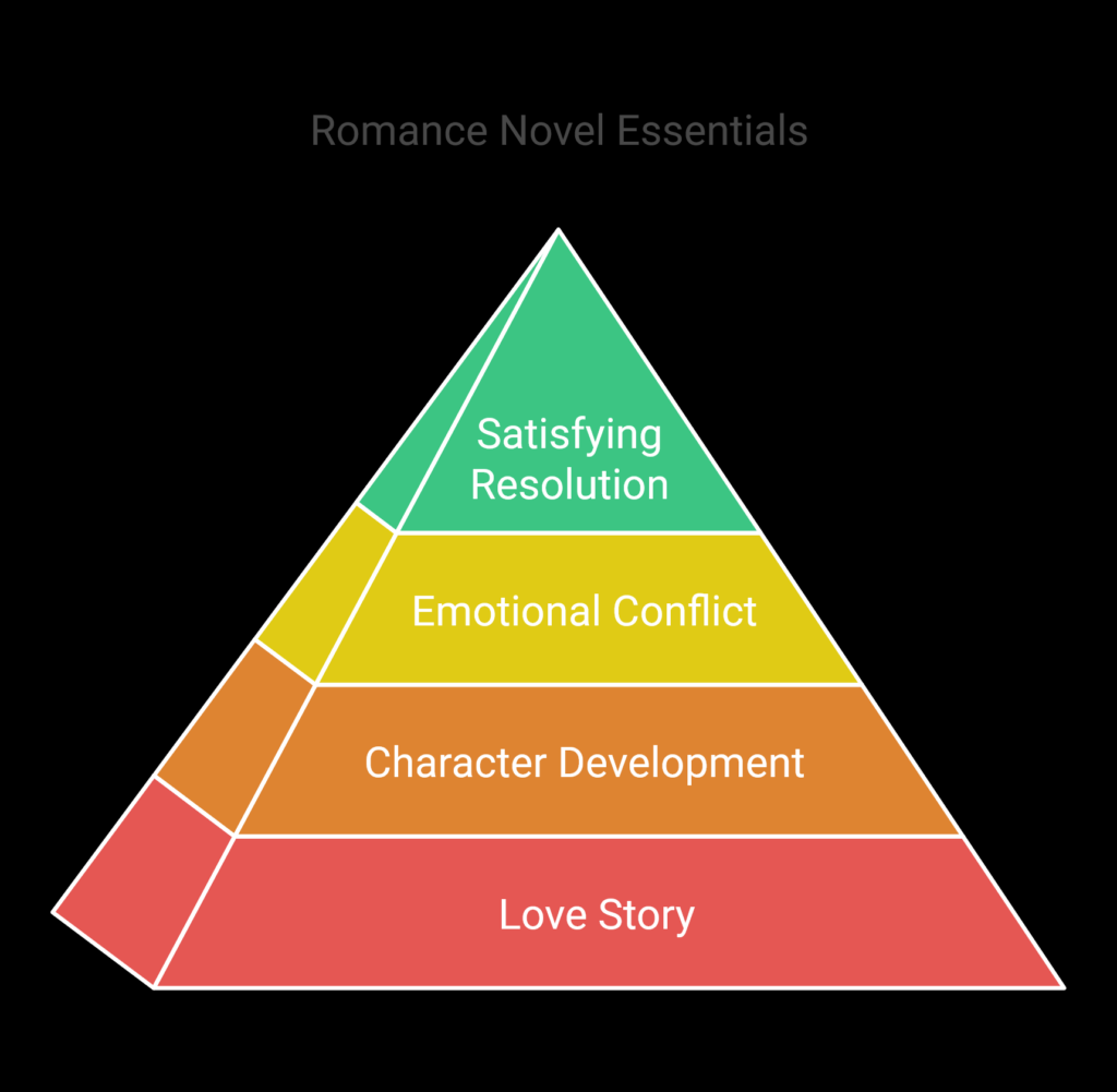 how to write a romance novel: : A pyramid diagram titled "Romance Novel Essentials," with layers: Love Story, Character Development, Emotional Conflict, and Satisfying Resolution from bottom to top.