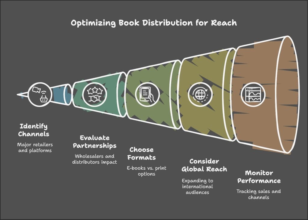 Funnel diagram for optimizing book distribution: Identify channels, evaluate partnerships, choose formats, consider global reach, and monitor performance.