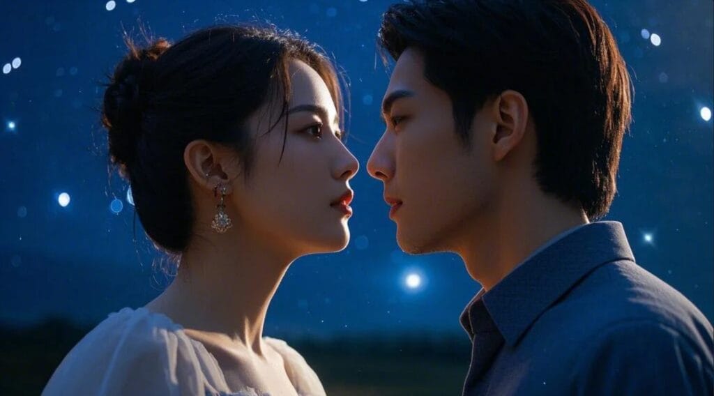 how to write a romance novel: A man and woman stand closely, like characters from a romance novel, facing each other against a starry night sky.