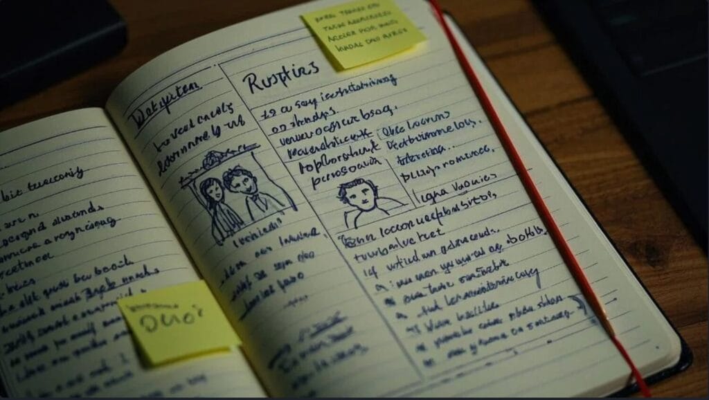 how to write a romance novel: Open notebook with hand-drawn sketches of people, notes, and sticky notes on the pages—like a budding author's guide. A red ribbon bookmark is visible on the right page, perhaps marking inspiration for someone ready to write a romance novel.