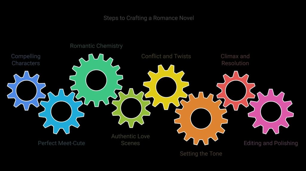 how to write a romance novel: Unlocking your inner cupid, this illustration depicts interlocking gears labeled with steps to write a romance novel: compelling characters, meet-cute, romantic chemistry, love scenes, conflict, tone, climax, and editing.