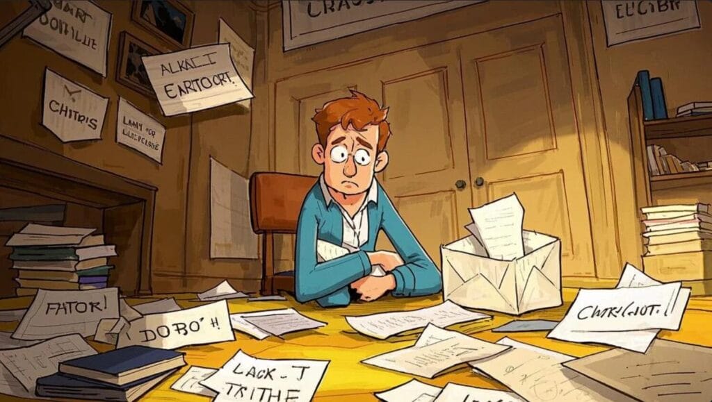 how to write a romance novel: A concerned man sits at a cluttered desk covered with papers and notes, surrounded by more notes on the wall. Amidst the chaos, a guide to writing a romance novel peeks out, hinting at his secret dream of crafting tales of love and passion.