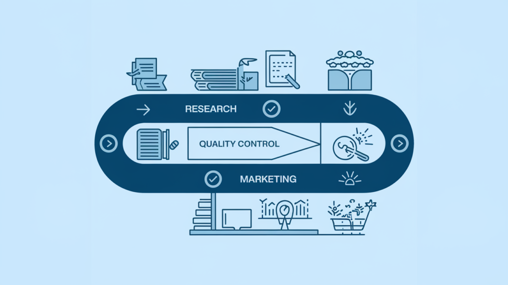 Self Publishing a Novel: Flowchart depicting a process from Research to Quality Control to Marketing, with icons representing books, documents, graphs, and plant growth, all on a blue background.