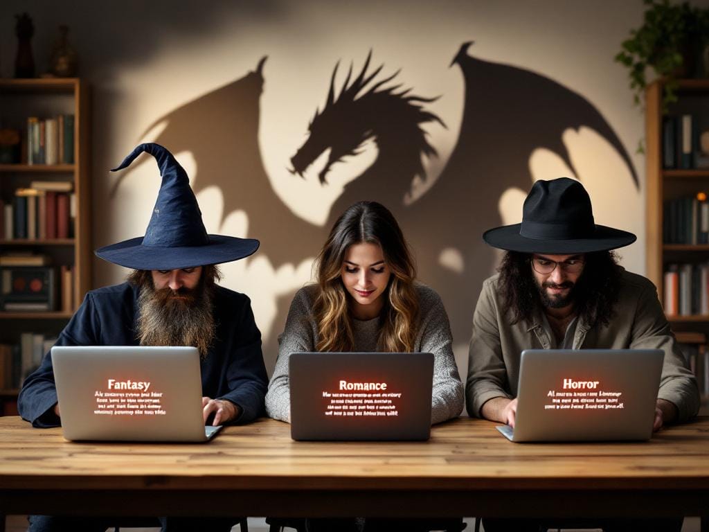 An image showing diverse writers – a fantasy author, a romance novelist, and a horror writer – all happily using laptops. Each laptop screen displays snippets of their genre-specific writing being enhanced by a subtle, glowing AI interface. The background e
