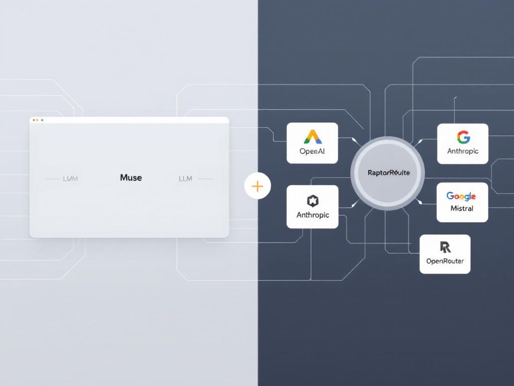 A split image. On one side, a minimalist, sleek interface with a single "Muse" model icon, representing Sudowrite's polish. On the other side, a more dynamic, multi-faceted interface with icons for various LLMs (OpenAI, Anthropic, Google, Mistral) connected by a central "OpenRouter" node, representing RaptorWrite's flexibility.