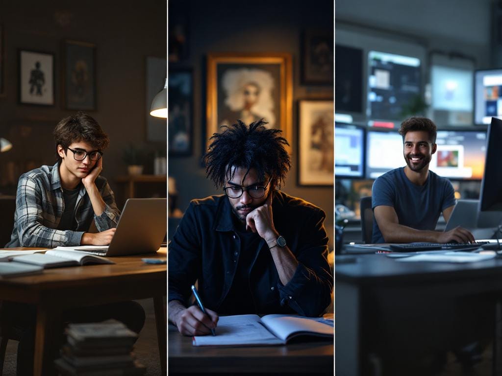 A triptych of three distinct writing scenes. Left: A young student with glasses, surrounded by open books and a laptop, looking determined. Middle: A writer with an edgy, artistic style, deeply immersed in thought, surrounded by abstract art. Right: A highly organized writer at a clean desk, multiple screens showing different projects, smiling confidently. Each scene subtly integrates elements of AI interaction without being overtly futuristic.