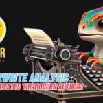 A colorful cartoon raptor types on a vintage typewriter beside the Writer Wannabe logo and the text “RaptorWrite Analysis: Elevating the modern author?”.