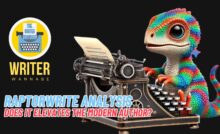 A colorful cartoon raptor types on a vintage typewriter beside the Writer Wannabe logo and the text “RaptorWrite Analysis: Elevating the modern author?”.