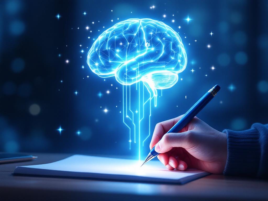 A hand writes with a pen on paper while a glowing, digital brain hologram hovers above, symbolizing creativity, artificial intelligence, and the analytical power of RaptorWrite Analysis.