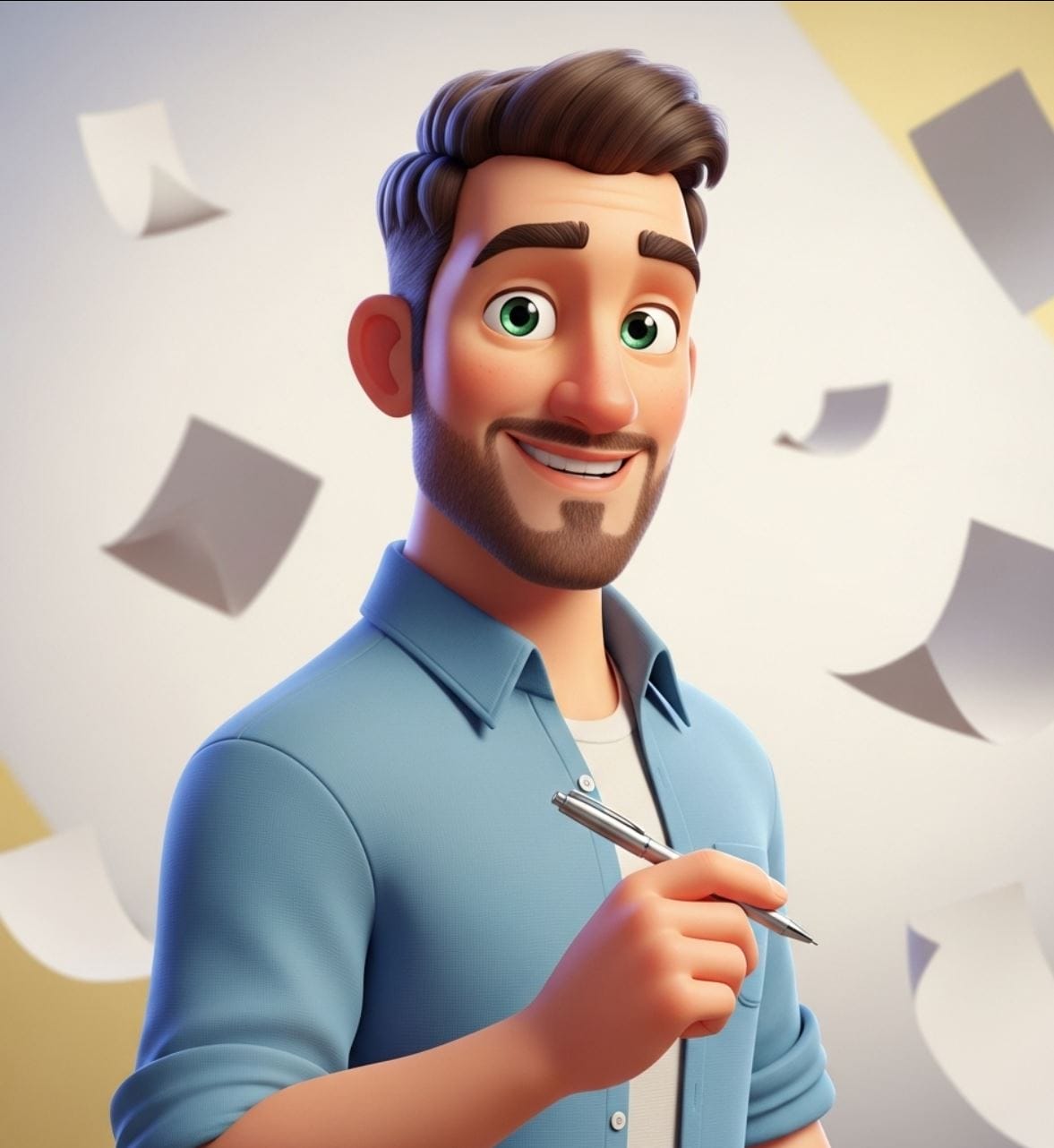 3D animated man with brown hair and beard, wearing a blue shirt, holds a pen and smiles while papers float in the background.