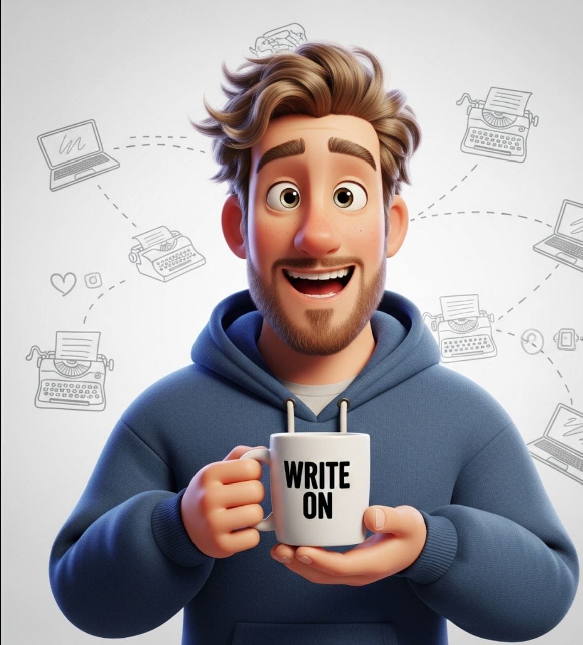 A smiling animated man in a blue hoodie holds a mug labeled "WRITE ON" against a background of writing-related icons like laptops and typewriters.