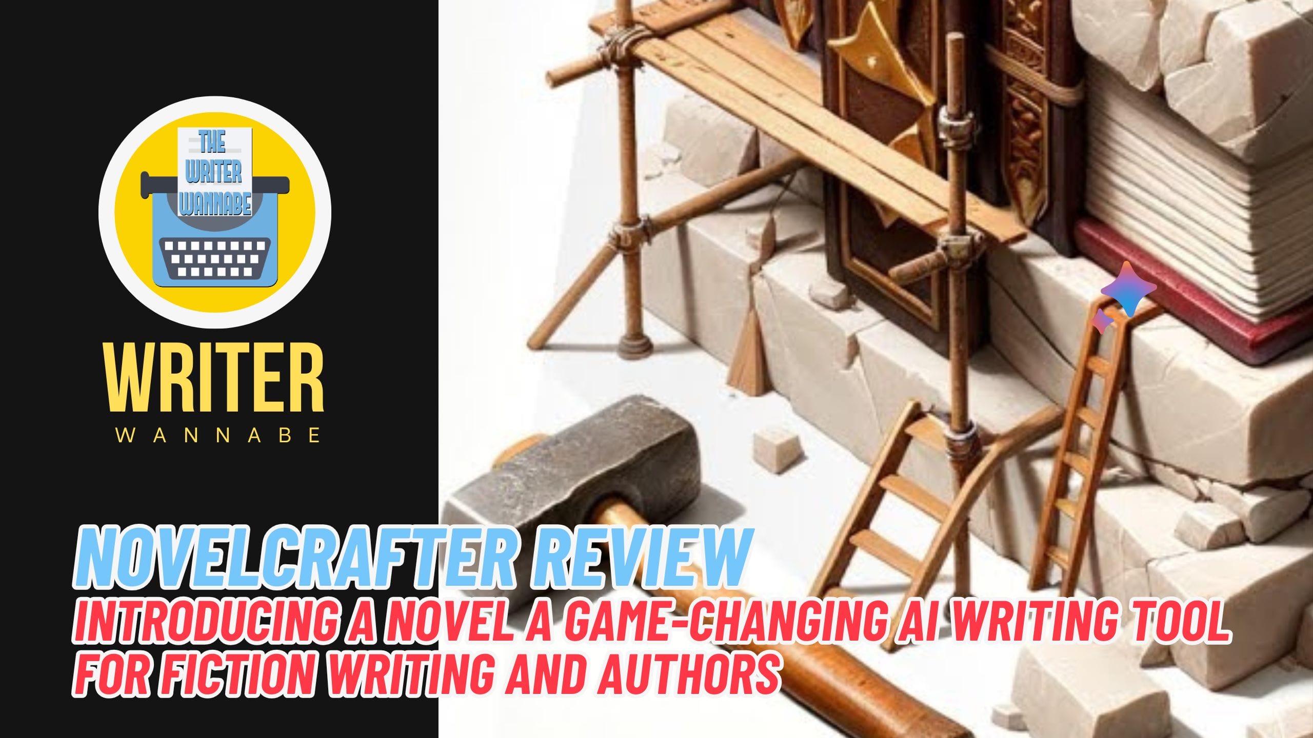 A promotional graphic for "Writer Wannabe," featuring an Análisis NovelCrafter AI writing tool review, with imagery of tools and books.