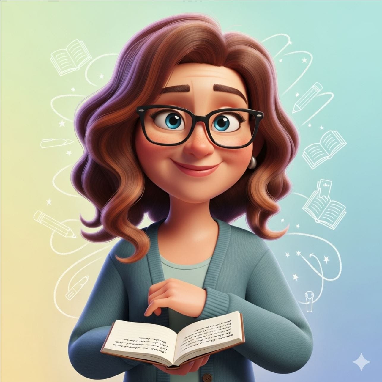A woman with glasses and wavy brown hair smiles while holding an open book. Illustrations of books and pens are drawn in the pastel-colored background.