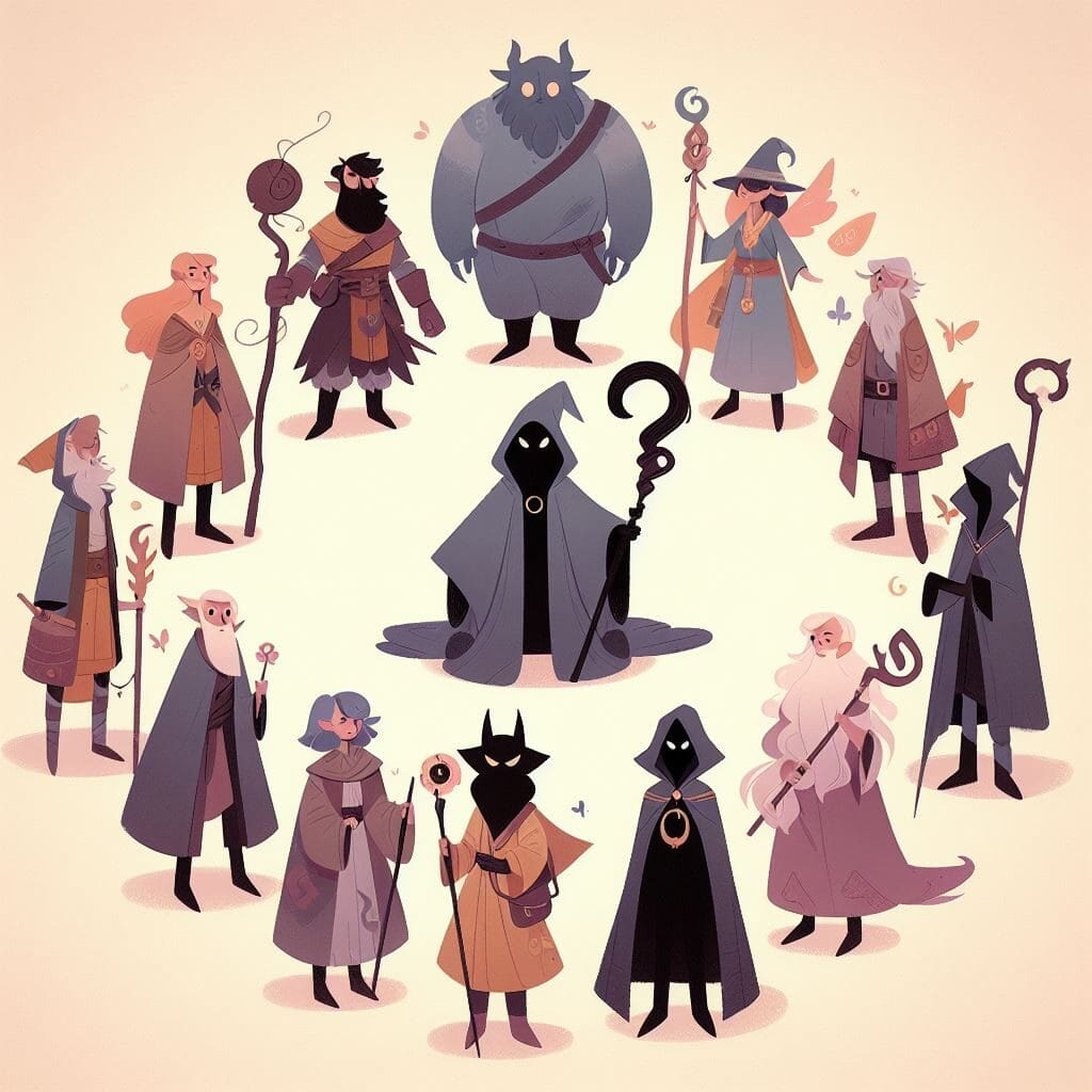 Arquetipos de Personajes: A group of twelve fantasy character archetypes in robes and cloaks, each holding staffs or magical items, arranged in a circle with a central hooded figure.