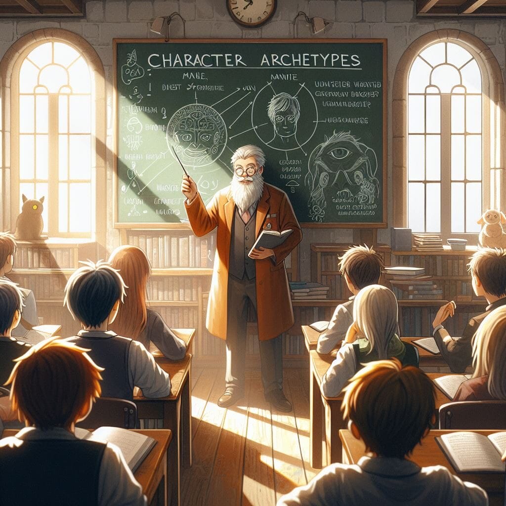 Arquetipos de Personajes: Un profesor está de pie frente a un aula, explicando los arquetipos de personajes escritos en una pizarra a estudiantes sentados en sus pupitres en un día soleado.