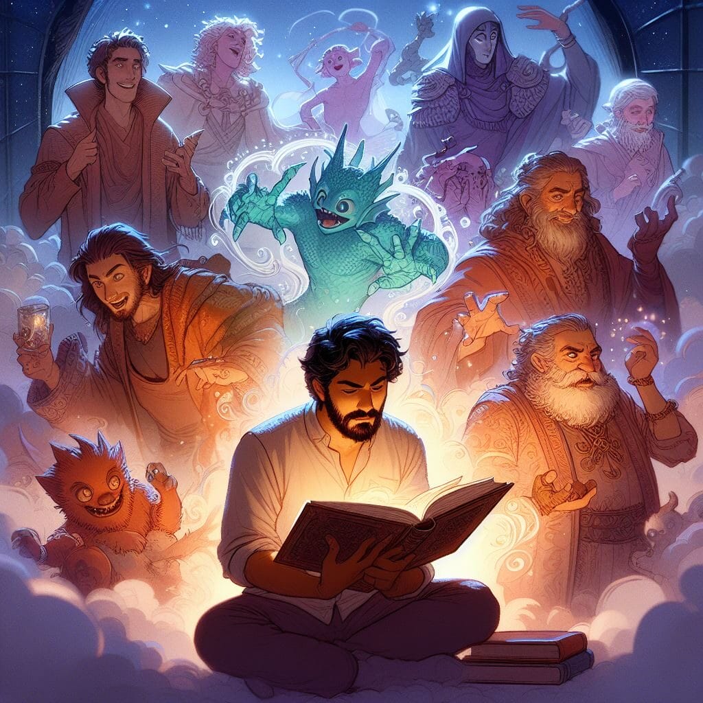 Arquetipos de Personajes:A man sits reading a book, surrounded by magical, glowing character archetypes and creatures emerging from the pages, creating a fantastical scene.